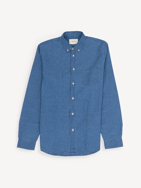 Blue Relaxed Fit Linen Cotton Long Sleeve Shirt (W30389) | £155