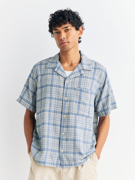 Blue Relaxed Soft Collar Short Sleeve Check Shirt (W30399) | £135