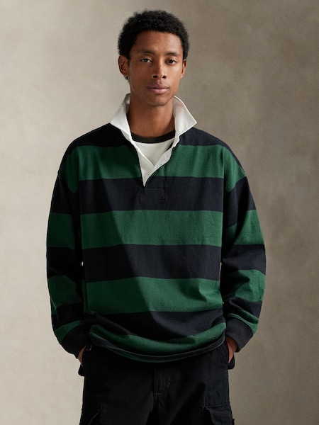 Green Striped Long Sleeve Rugby Polo Shirt (W32284) | £175