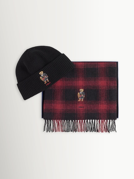 Red Holiday Bear Print Beanie & Scarf Gift Set (W32868) | £245