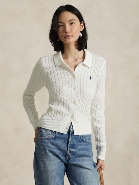 White Cable Knit 100% Cotton Cardigan (W33088) | £225