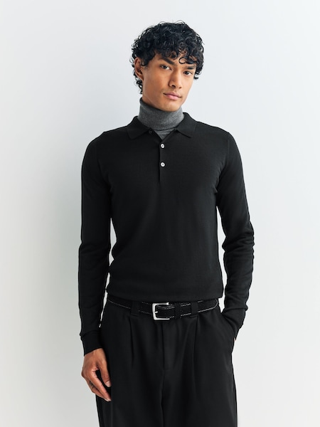 Black Belper Long Sleeve Merino Wool Polo Shirt (W45763) | £245