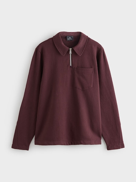 Red Textured Zip Neck Relaxed-Fit Polo Shirt (W46687) | £165