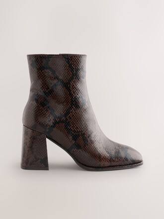 Chocolate Brown Snake Forever Comfort® Square Toe Block Heel Ankle Boots