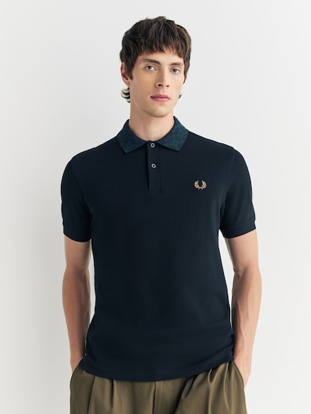 Blackwatch Tartan Collar Black Polo Shirt (W51024) | £85