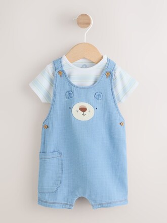Blue Bear Woven Dungarees and Bodysuit Baby Set (0mths-2yrs)
