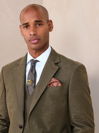 Green Regular Fit Trimmed Linen Blend Puppytooth Suit Jacket