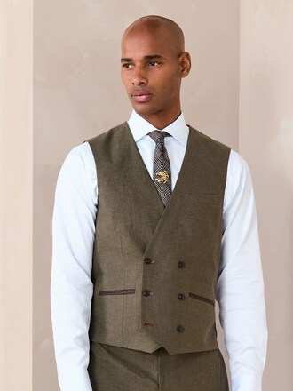 Green Regular Fit Double Breasted Trimmed Linen Blend Puppytooth Suit Waistcoat