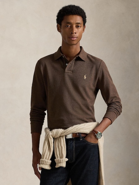 Nutmeg Brown Heather Long Sleeve Knit Polo Shirt (W88827) | £140