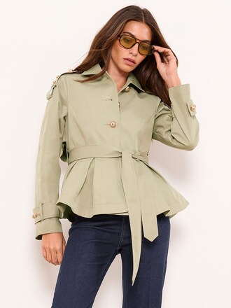 Lipsy Olive Green Pleated Peplum Hem Trench Coat