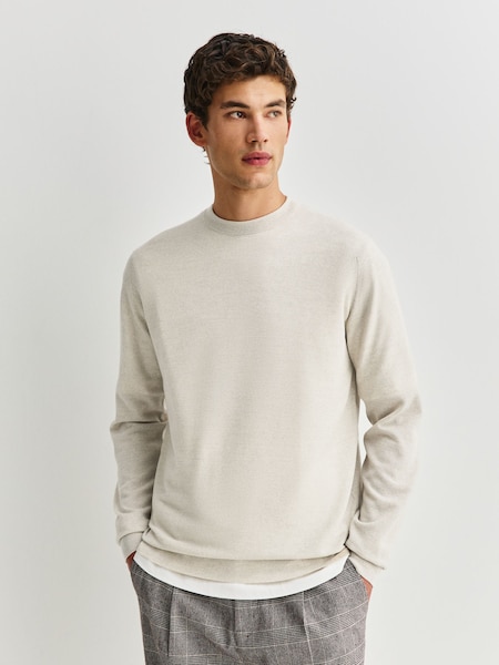 Grey - Regular Singular Long Sleeve Textured Wool Crew Neck Jumper