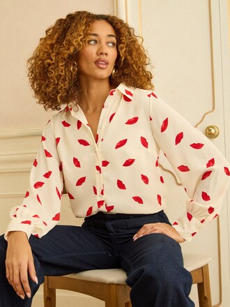 Love & Roses Ivory Lips Print Long Sleeve Button Through Shirt