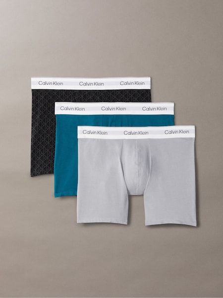 Logo Print Black/Blue/Grey Icon Cotton Stretch 3 Pack Boxer Briefs (Y08422) | £44