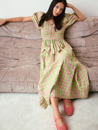 Green/Pink Gingham Puff Sleeve Shirred Midi Dress