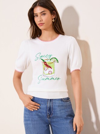 Lipsy Ivory White Sequin Summer Graphic Print Short Sleeve Knit T Shirt