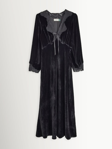 Black - Larah Velvet Lace Trim Midi Dress