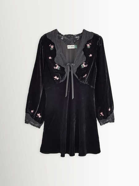 Black - Carolina Velvet Mini Dress With Embroidery