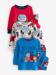 Next רכבי חירום באדום/כחול  - מארז של 3 פיג'מות כרבול קטנטנות (גיל 9 חודשים עד 10 שנים)