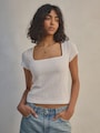 White Textured Short Sleeve Square Neck T-Shirt