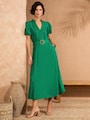 Love & Roses Green Puff Sleeve Midi Dress With Linen