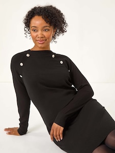 שחור - Roman שמלה סרוגה בדוגמה חלקה עם כפתורים