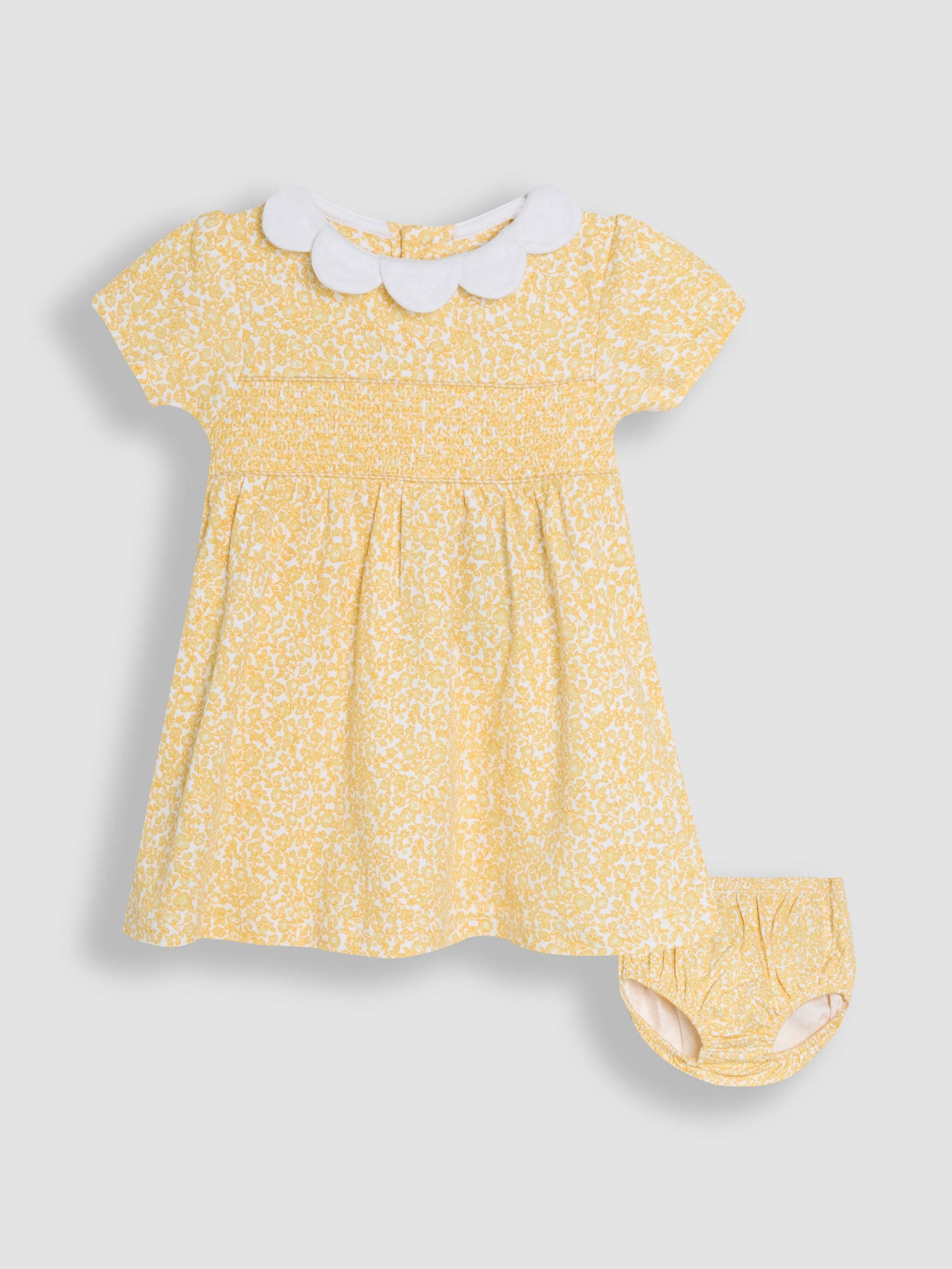 JoJo Maman Bébé Yellow Ditsy Floral Smocked Jersey Dress