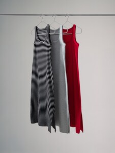 The Set Black/Khaki Green/Neutral Stripe Scoop Neck Ribbed Vest Midi Dress 3 Pack
