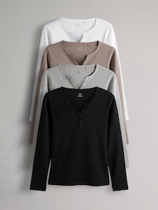 צבע שחור/לבן/אפור בהיר/חום אפור - The Set מארז של 4 חולצות טי מבד ריב עם שרוול ארוך וצווארון הנלי