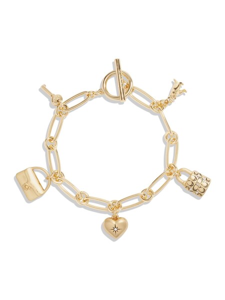 COACH Gold Tone Signature Floral Mini Charm Bracelet