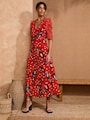 Love & Roses Red Animal Petite V-Neck Ruched Sleeve Midi Dress