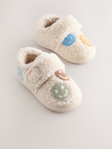 Next צבע ניטרלי בעיטור פרצוף מחייך - נעלי בית עם סוליית גומי ובטנה מחממת