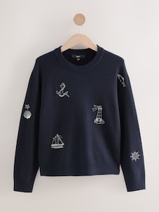 Next Navy Blue Embroidered Supersoft Crew Neck Long Sleeve Jumper