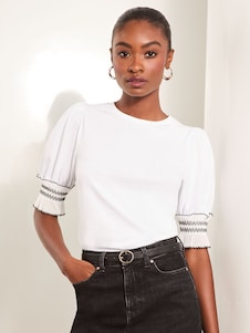 Lipsy White 100% Cotton Trim Detail Short Sleeve Puff Top