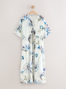 Next כחול פרחוני - קימונו מקסי עם קשירה במותניים, %100 כותנה