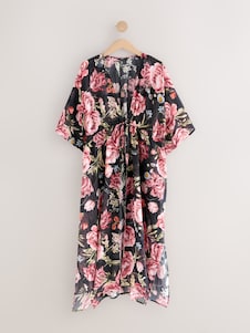 Next בצבע שחור/ורוד בדוגמה פרחונית בסגנון וינטג' - קימונו מקסי עם קשירה במותניים, %100 כותנה