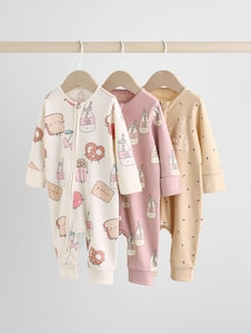 Next בכמה צבעים בעיטור דמויות אוכל - מארז של 3 חליפות שינה לתינוקות עם רוכסן דו-כיווני (גיל 0 עד 3)