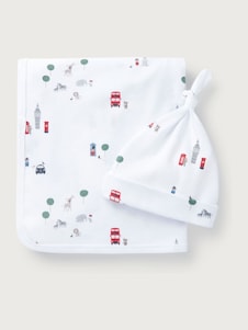 The White Company בצבע לבן, סט של כובע ושמיכה בדוגמת אתרי לונדון, %100 כותנה