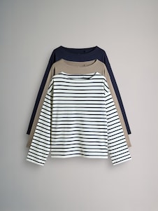 צבע נייבי/פסים/ניטרלי - The Set מארז של 3 חולצות טי עבות עם צווארון סירה