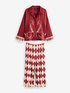 Rockett St George Red Argyle Swan Textured Satin Button Through Pyjamas