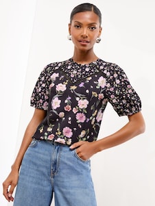 Lipsy Black Floral Short Sleeve Printed Crinkle Top