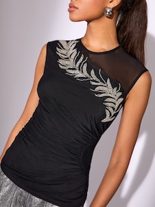Lipsy Black Embellished Mesh Sequin Feather Shell Top