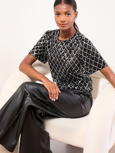 Lipsy Black Scallop Sequin Short Sleeve T-Shirt