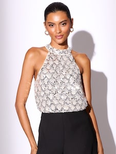 Lipsy Champagne Gold Sequin Halter Neck Top