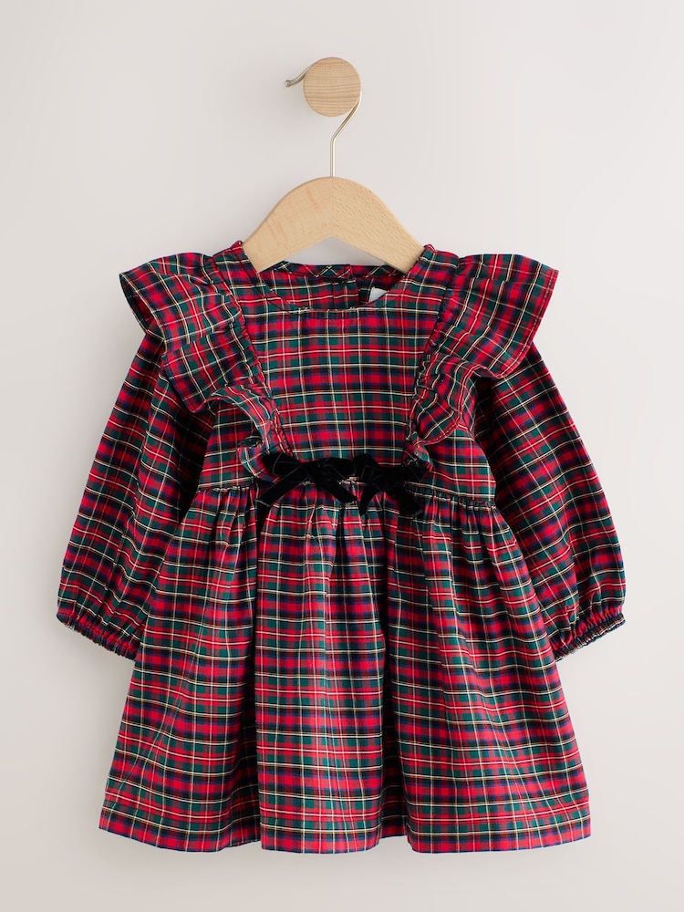 Red Velvet Bow Long Sleeve Check Dress (3mths-8yrs)