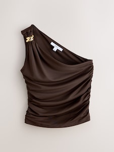 Next חום שוקולד - חולצה מחמיאה בגזרת כתף חשופה מסיב ניילון רך למגע בעיטור מתכת