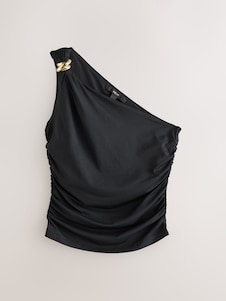 Next שחור - חולצה מחמיאה בגזרת כתף חשופה מסיב ניילון רך למגע בעיטור מתכת