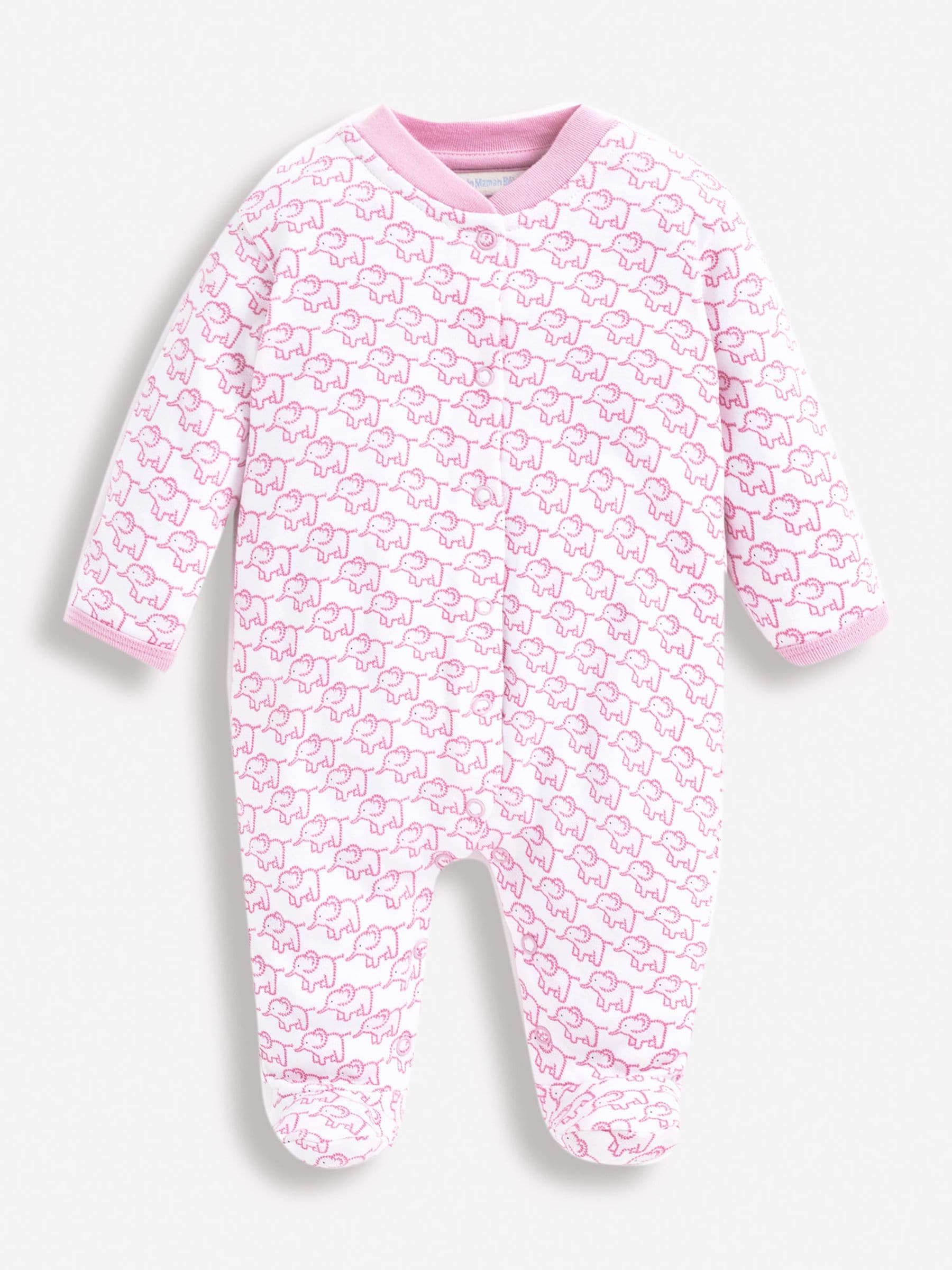 JoJo Maman Bébé Baby Pink Little Elephant Cotton Baby Sleepsuit