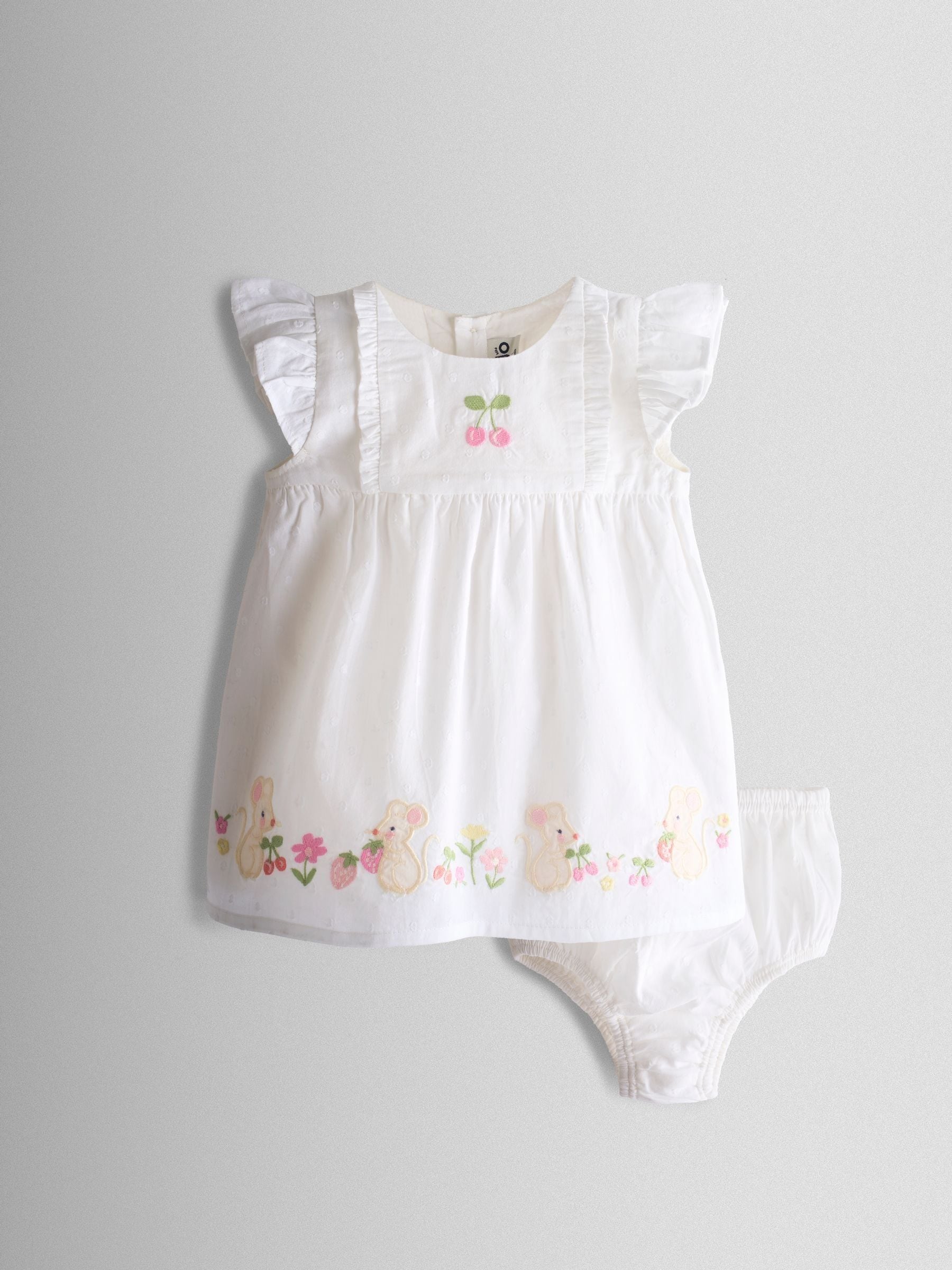 JoJo Maman Bébé White Mouse Appliqué Frill Shoulder Baby Dress