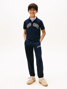 כחול  - Tommy Hilfiger מכנסי טרנינג מבד פליז עם הדפס לוגו בסגנון נבחרת ספורט