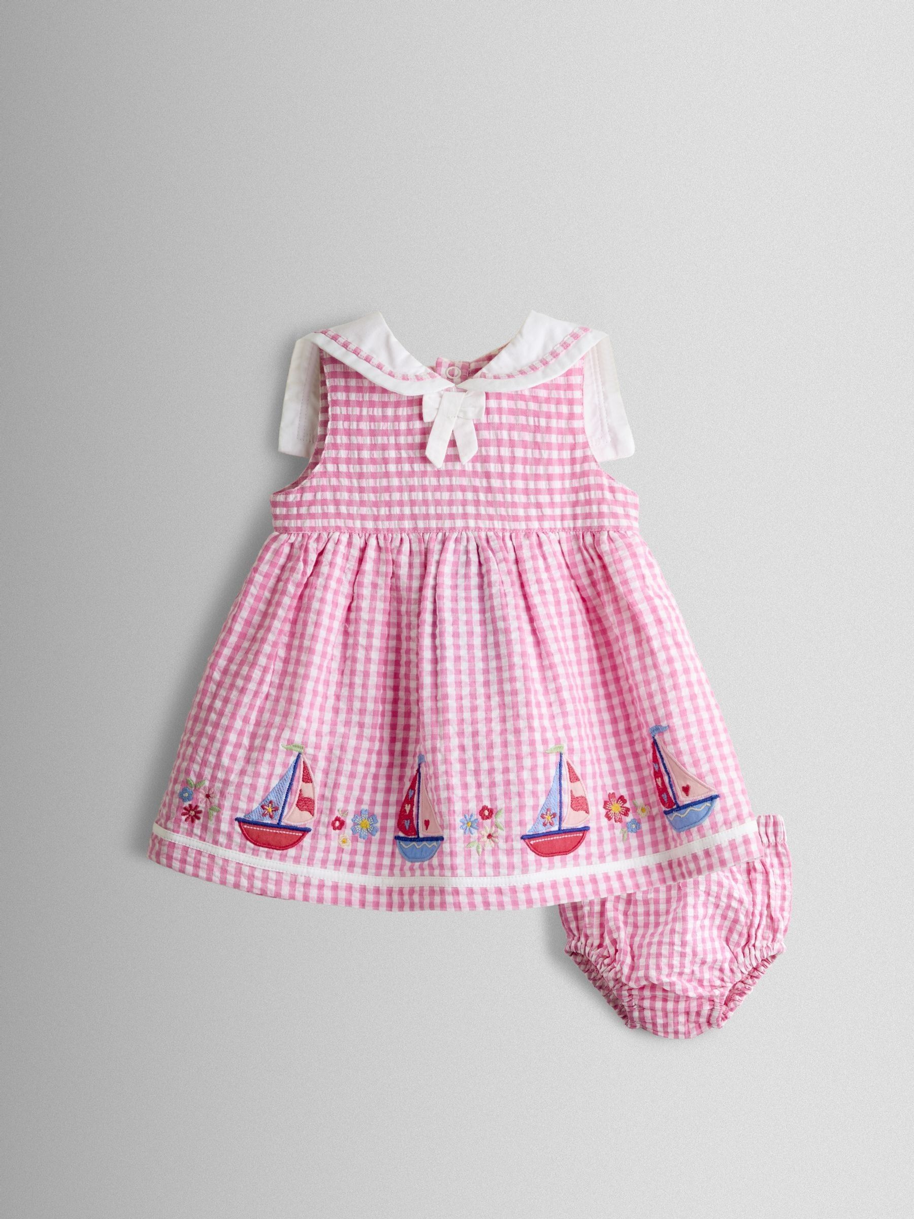 JoJo Maman Bébé Pink Gingham Nautical Embroidered Sailor Baby Dress